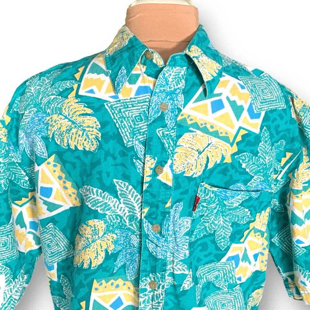 Vintage 90s Shirt Tropical Abstract Ramie Unisex Top Medium Teal Yellow Hawaii